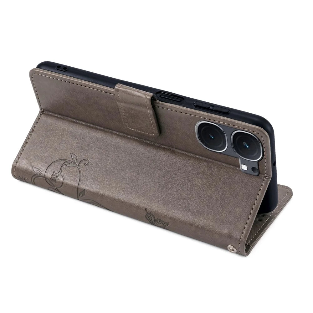 For vivo iQOO Neo9 5G / Neo9 Pro 5G Case PU Leather Butterfly Floral Flip Stand Phone Cover - Grey - 4