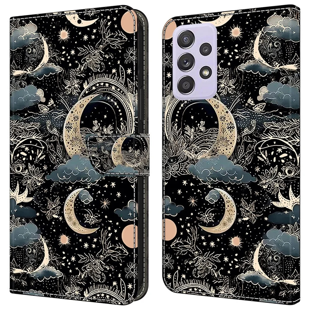 For Samsung Galaxy A52 4G / 5G / A52s 5G Case Pattern Printing Flip Folio Leather Phone Cover - Moon - 1