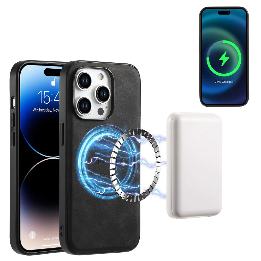 DENIOR A11 For iPhone 15 Pro Max Magnetic Case Retro Leather Coated Drop-proof Phone Cover - Black - 2