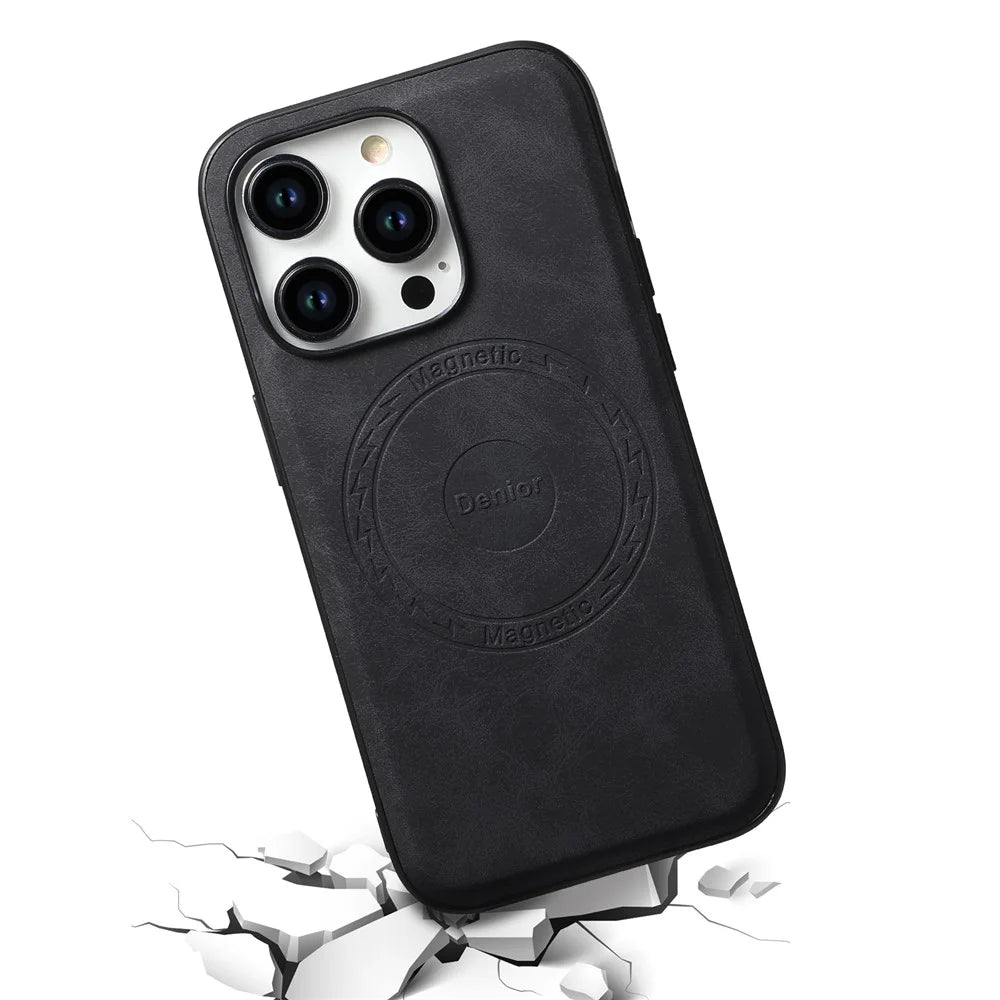 DENIOR A11 For iPhone 15 Pro Max Magnetic Case Retro Leather Coated Drop-proof Phone Cover - Black - 3