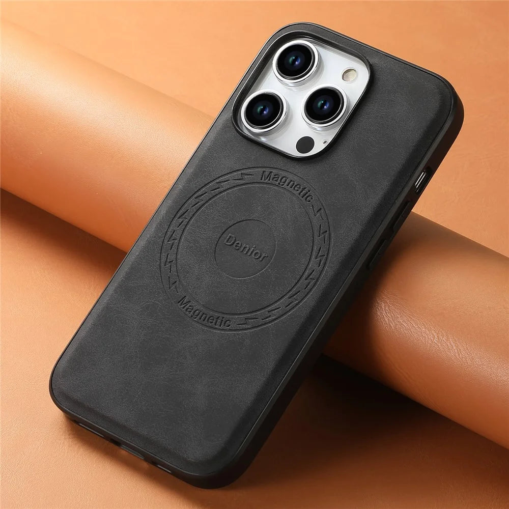 DENIOR A11 For iPhone 15 Pro Max Magnetic Case Retro Leather Coated Drop-proof Phone Cover - Black - 5