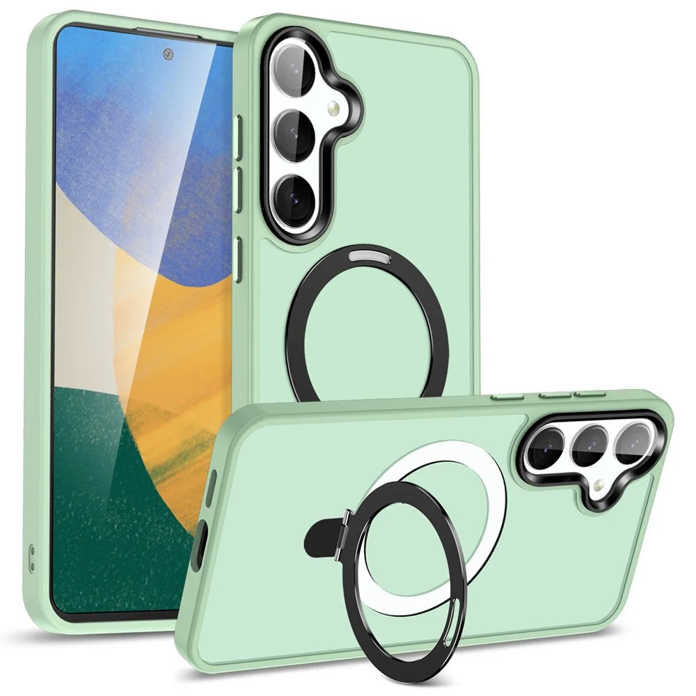For Samsung Galaxy S24+ Magnetic Phone Case PC+TPU Ring Kickstand Protective Cover - Light Green - 1