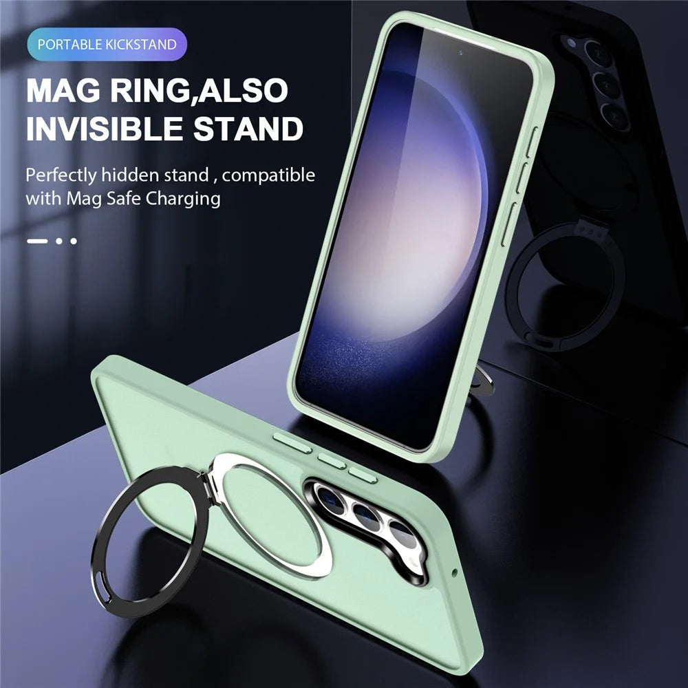 For Samsung Galaxy S24+ Magnetic Phone Case PC+TPU Ring Kickstand Protective Cover - Light Green - 4
