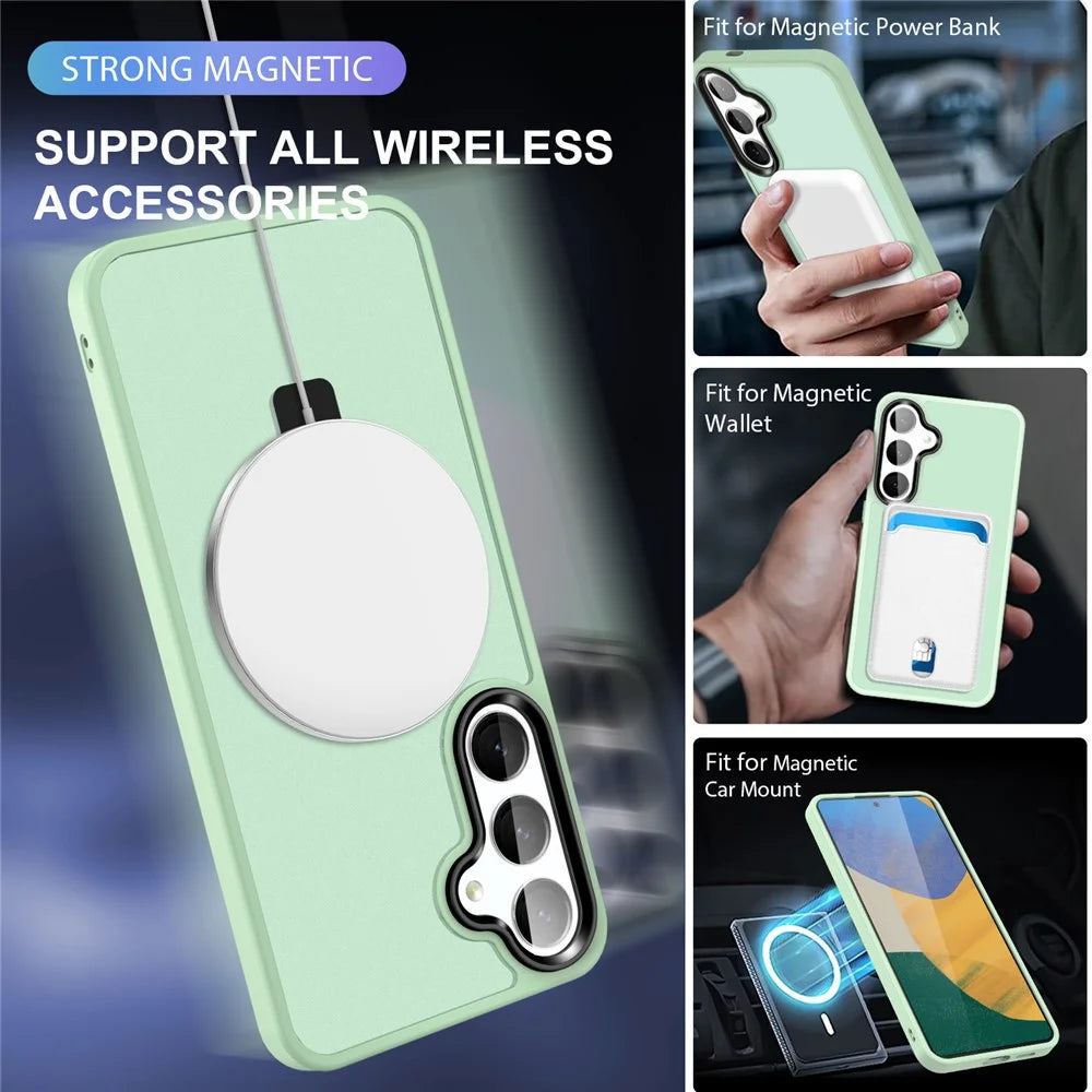For Samsung Galaxy S24 Case PC+TPU Magnetic Ring Kickstand Phone Protective Cover - Light Green - 3