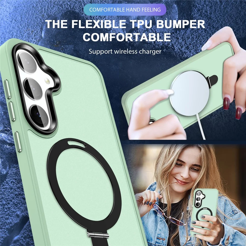 For Samsung Galaxy S24 Case PC+TPU Magnetic Ring Kickstand Phone Protective Cover - Light Green - 6
