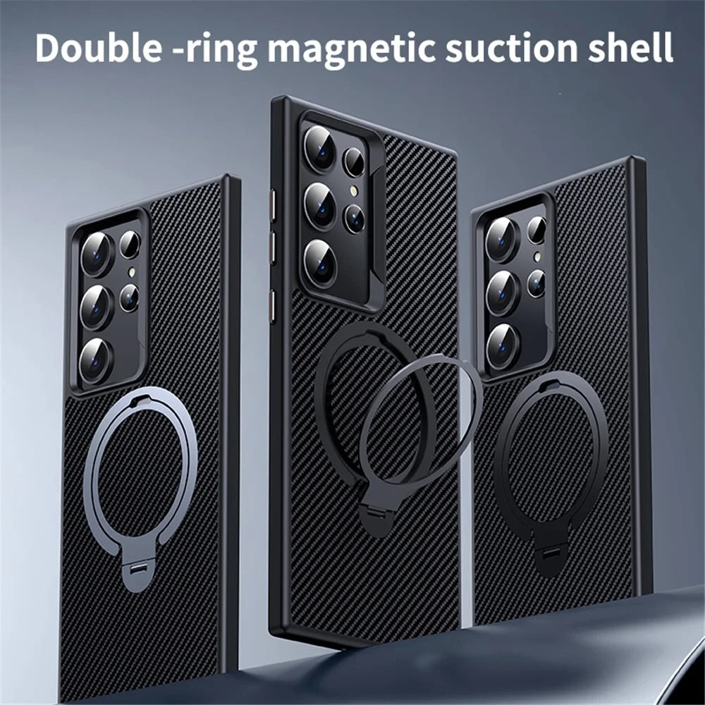 For Samsung Galaxy S24 Ultra Magnetic Case Carbon Fiber Texture Ring Kickstand Phone Cover - Black - 3