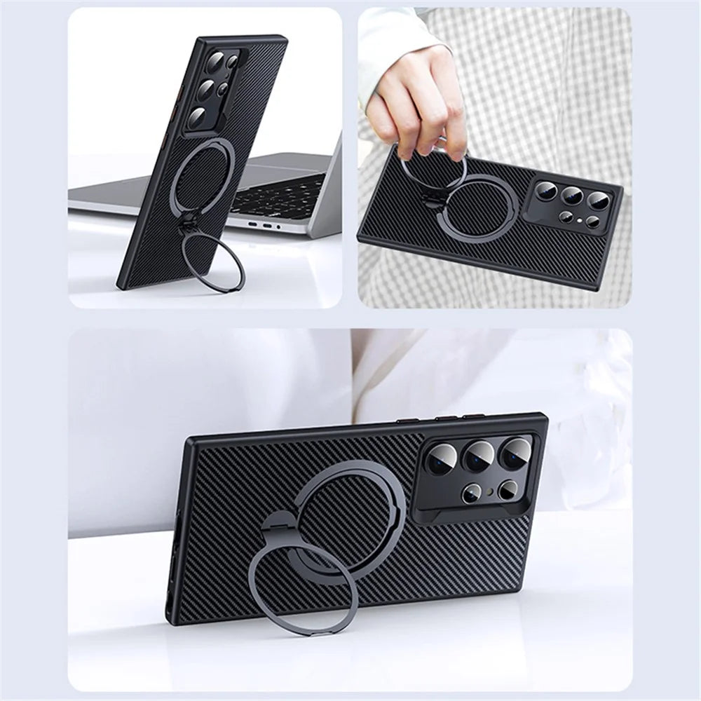 For Samsung Galaxy S24 Ultra Magnetic Case Carbon Fiber Texture Ring Kickstand Phone Cover - Black - 4
