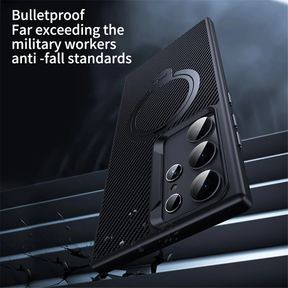 For Samsung Galaxy S24 Ultra Magnetic Case Carbon Fiber Texture Ring Kickstand Phone Cover - Black - 6