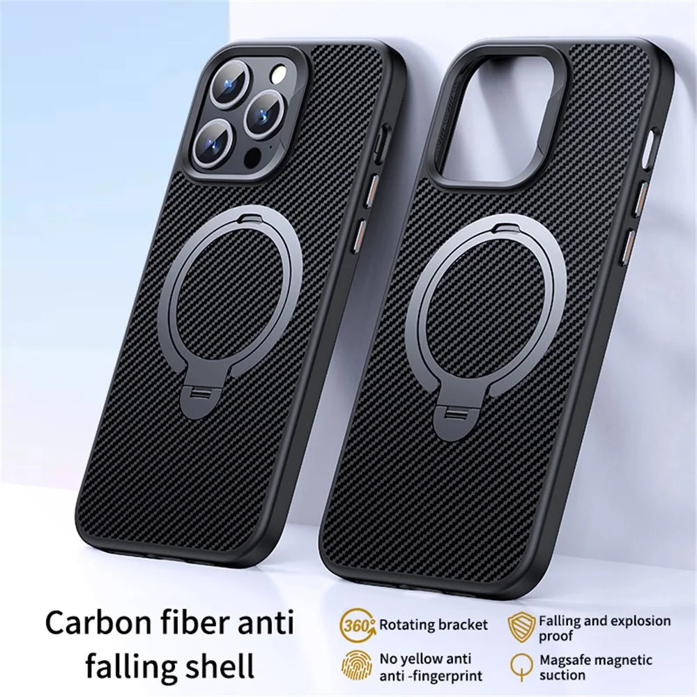 For iPhone 14 Pro Max Kickstand Case Carbon Fiber Texture PC+TPU Magnetic Phone Cover - Grey - 2