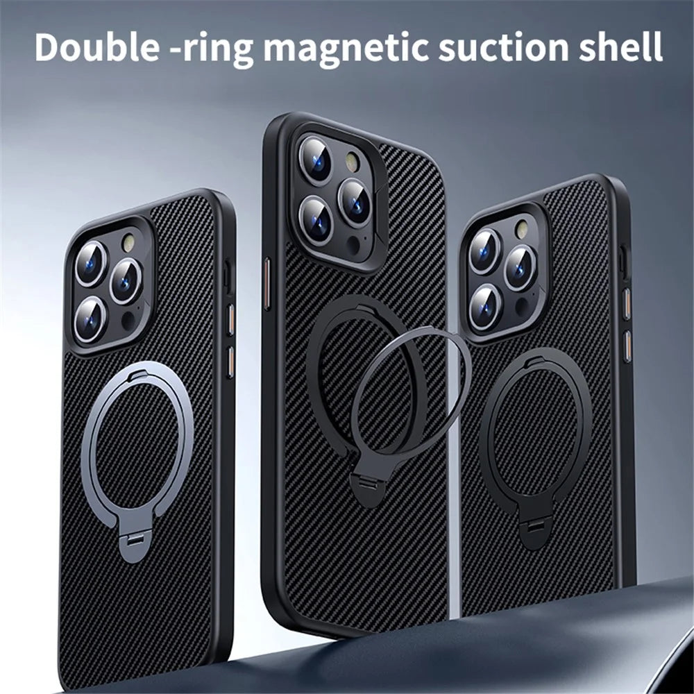 For iPhone 14 Pro Max Kickstand Case Carbon Fiber Texture PC+TPU Magnetic Phone Cover - Grey - 3