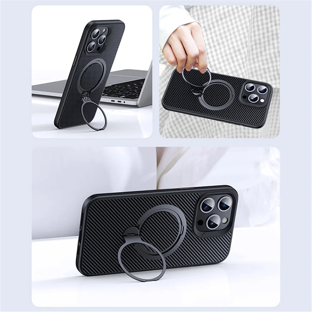 For iPhone 14 Pro Max Kickstand Case Carbon Fiber Texture PC+TPU Magnetic Phone Cover - Grey - 4