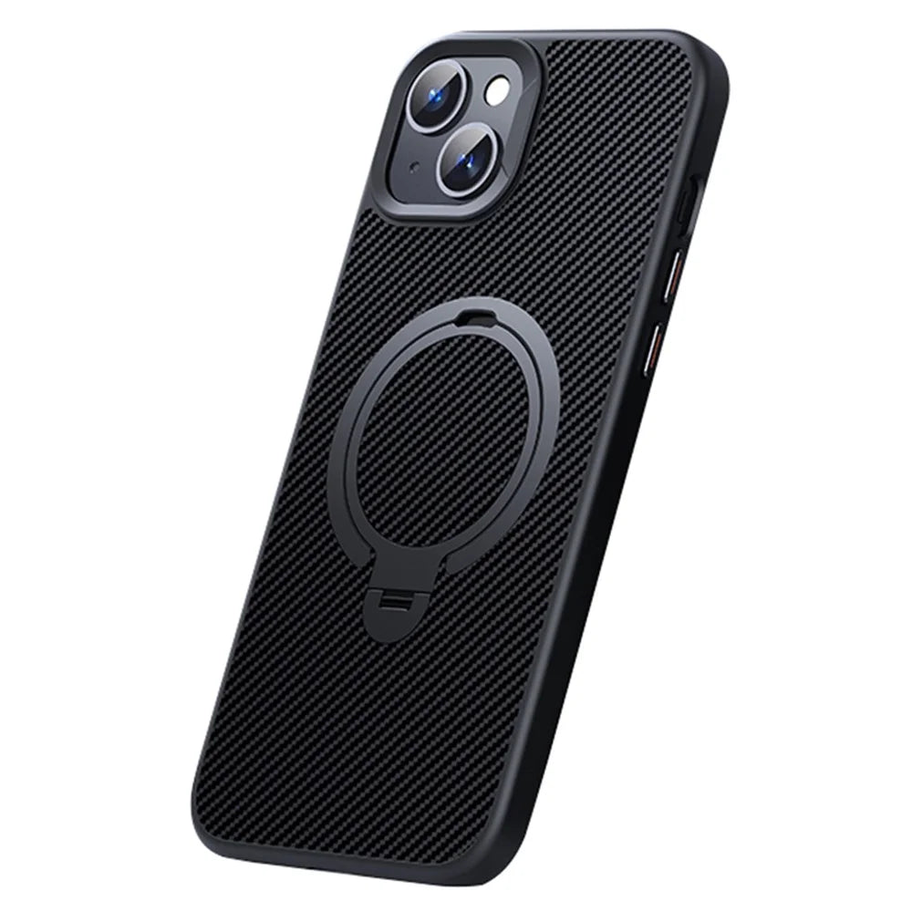 Compatible with MagSafe Phone Cases for iPhone 14 Plus Carbon Fiber Texture Kickstand PC+TPU Phone Cover - Black - 1