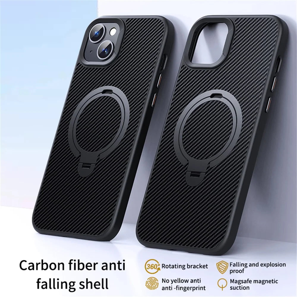 Compatible with MagSafe Phone Cases for iPhone 14 Plus Carbon Fiber Texture Kickstand PC+TPU Phone Cover - Black - 2