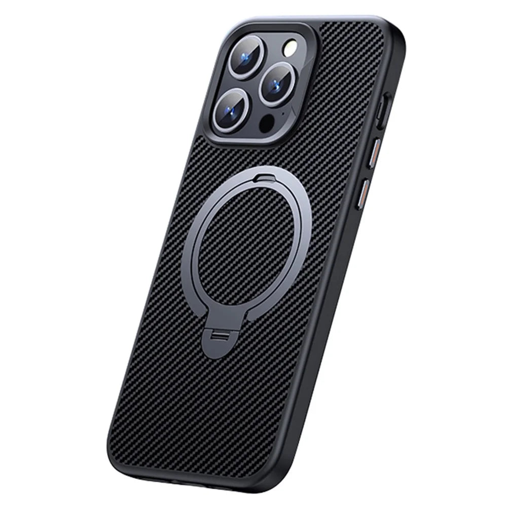 For iPhone 12 Pro Max 6.7 inch Magnetic Case Carbon Fiber Texture Ring Kickstand Phone Cover - Silver - 1