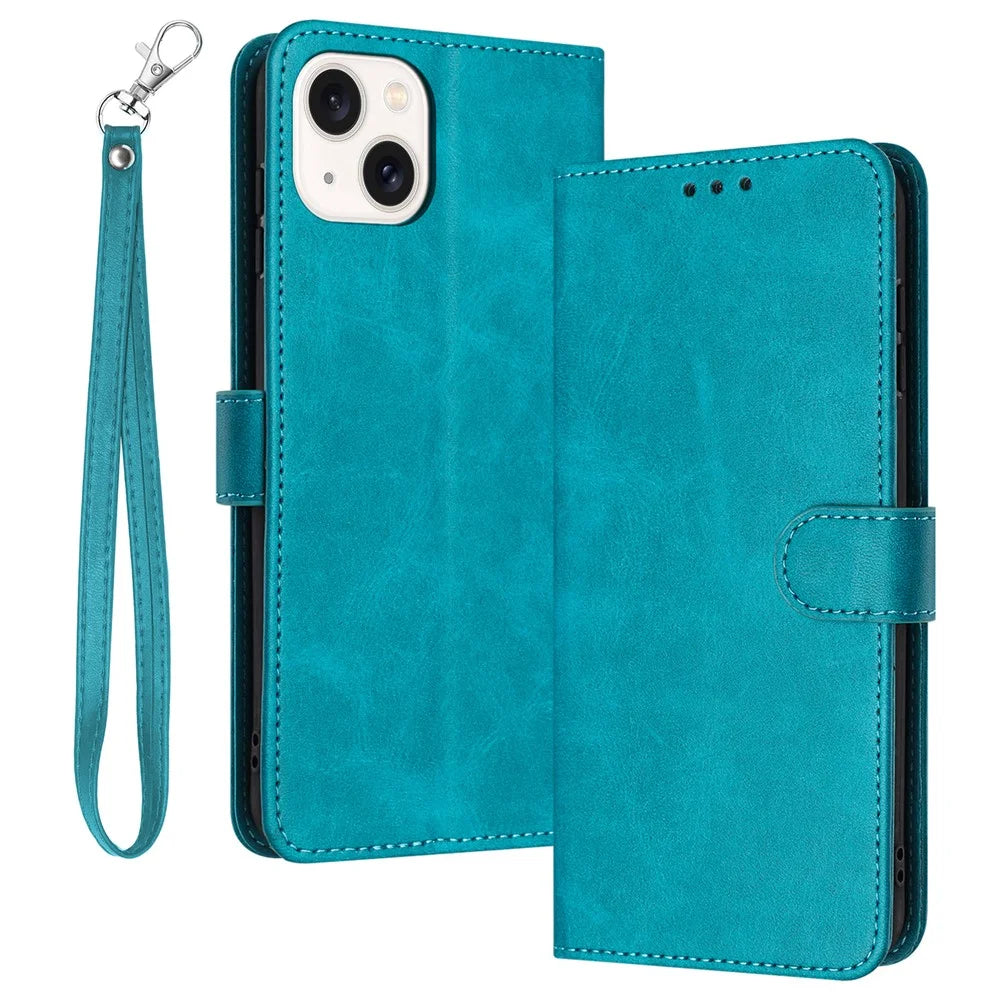 Phone Cases for iPhone 15 Calf Texture Leather Stand Phone Cover Wallet with Strap - Green - 1