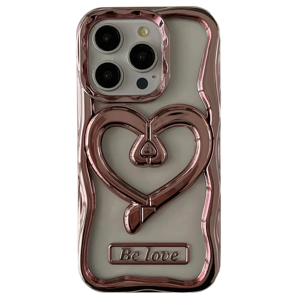 For iPhone 12 Pro Case Stylish Heart Kickstand Phone Cover Electroplated TPU Clear Cell Phone Shell - Pink - 1
