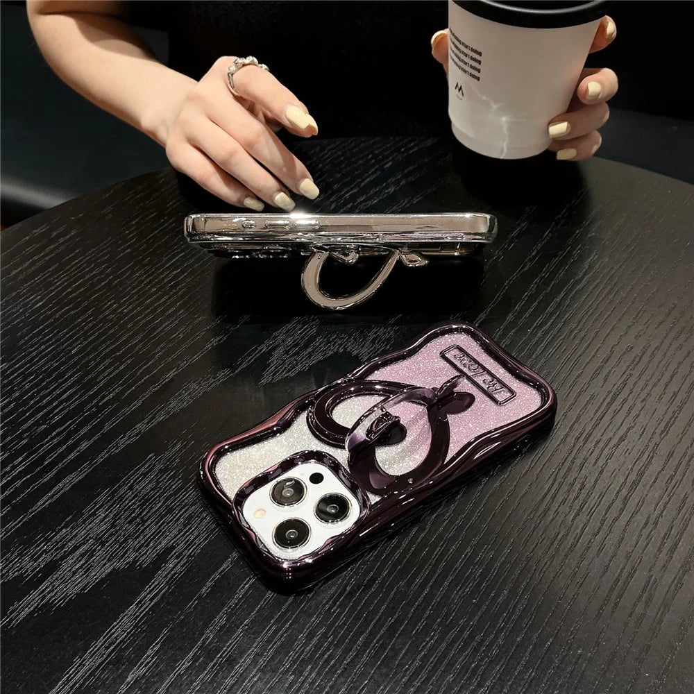 For iPhone 12 Pro Max 6.7 Inch TPU Case Electroplated Transparent Phone Kickstand Cover with Glitter Paper - Silver - 2