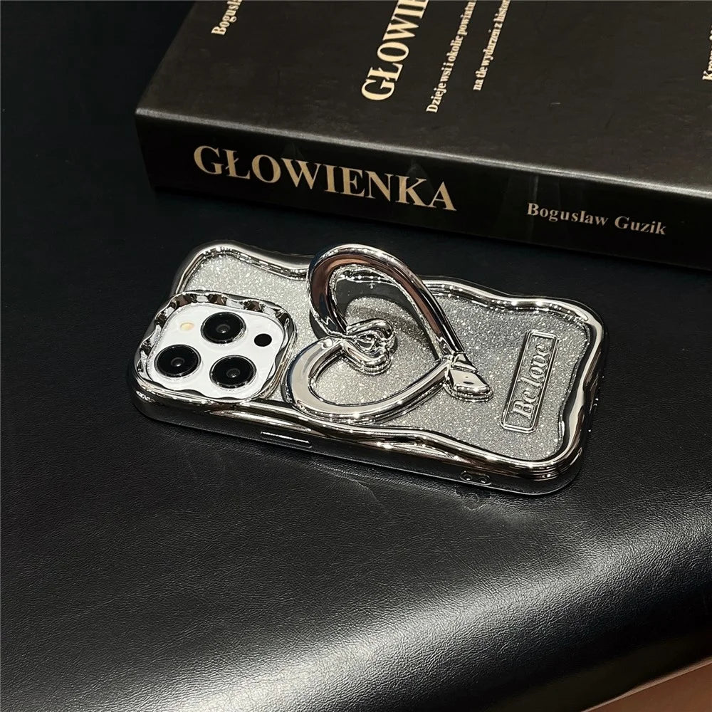 For iPhone 12 Pro Max 6.7 Inch TPU Case Electroplated Transparent Phone Kickstand Cover with Glitter Paper - Silver - 3