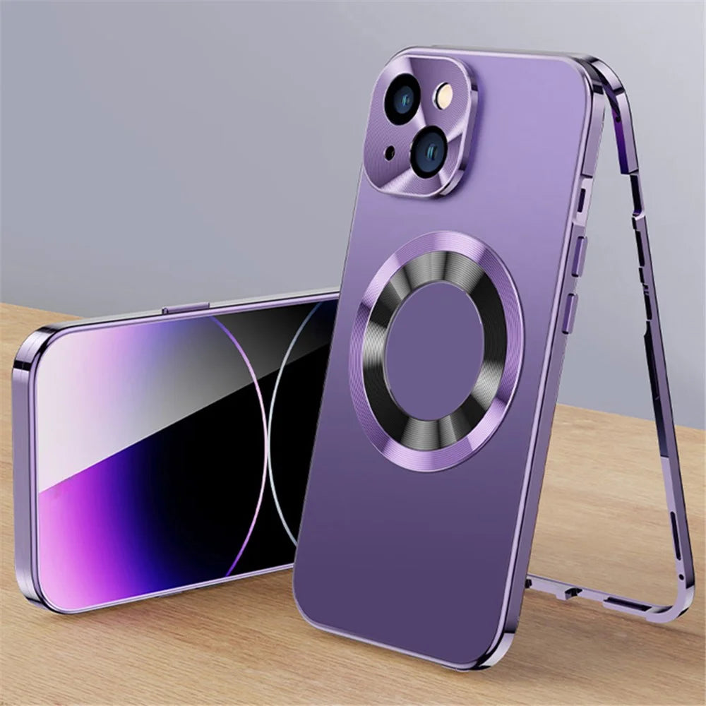 For iPhone 13 Case Acrylic+Tempered Glass Buckle Lock Phone Cover Compatible with Magsafe - Dark Purple - 1