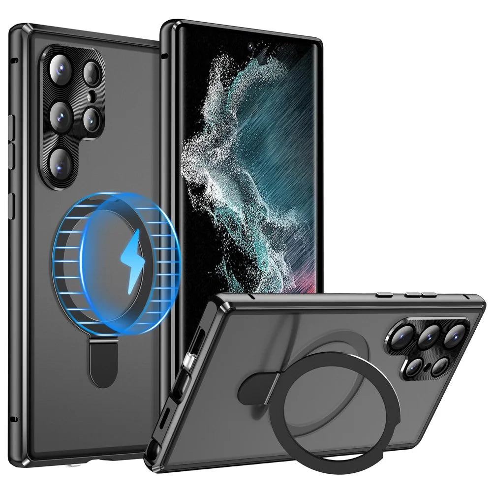 For Samsung Galaxy S22 Ultra 5G Phone Cover Magnetic Matte PC Case with HD Tempered Glass Film - Black - 1