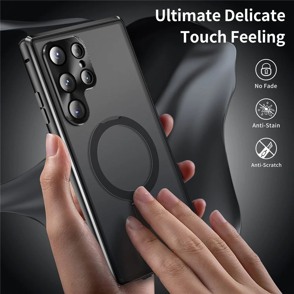 For Samsung Galaxy S22 Ultra 5G Phone Cover Magnetic Matte PC Case with HD Tempered Glass Film - Black - 3