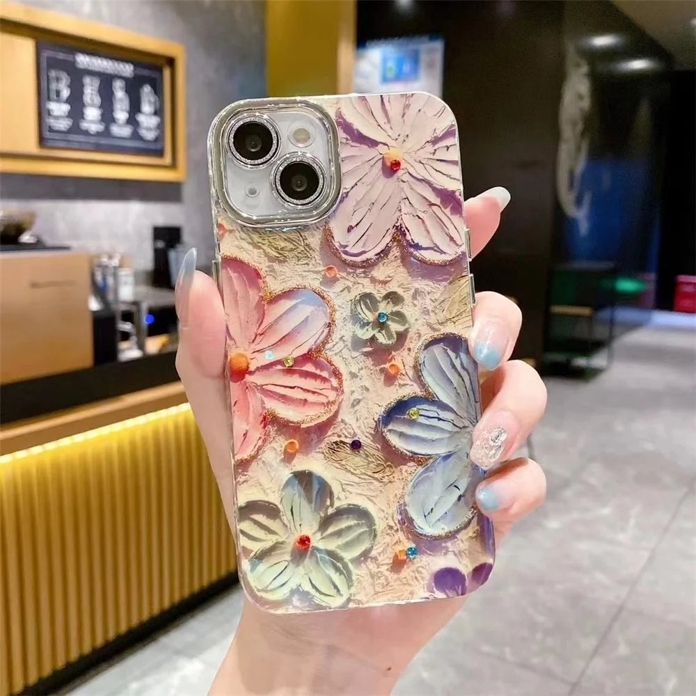 For iPhone 15 Electroplating Epoxy Phone Case TPU Phone Cover with PC Lens Film+Metal Lens Frame - Pink+Blue Flower - 2