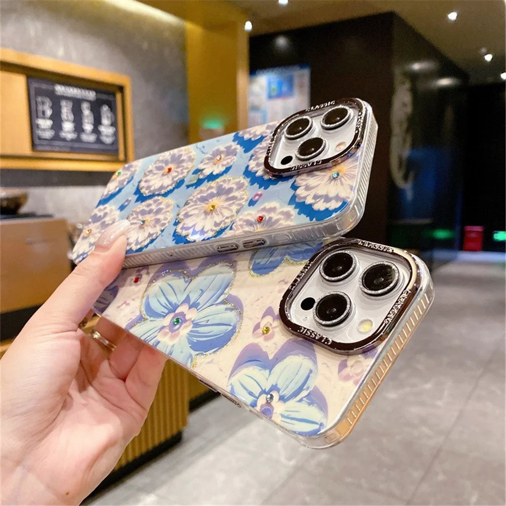 For iPhone 14 Pro Case Rhinestones Decor Flower TPU+PC Phone Cover with Individual PC Lens Films - White Flower - 4