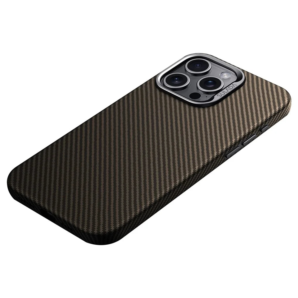 SULADA For iPhone 15 Pro Max Magnetic Case Metal Lens Frame Leather Coated TPU Phone Cover - Brown - 1
