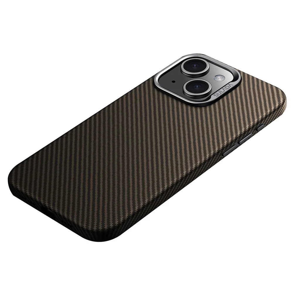 SULADA For iPhone 14 Case Carbon Fiber Texture PU+TPU Slim Phone Cover Compatible with Magsafe - Brown - 1