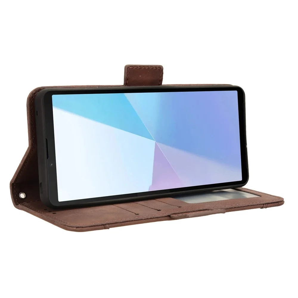 For Sony Xperia 10 VI Case PU Leather Flip Folio Phone Cover with Multiple Card Holders - Brown - 4