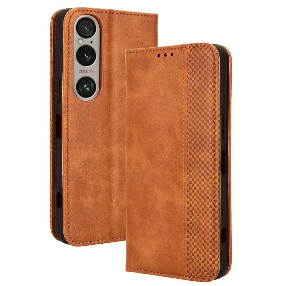 For Sony Xperia 1 VI Leather Case Magnetic Closing Phone Cover with Wallet - Brown - 1