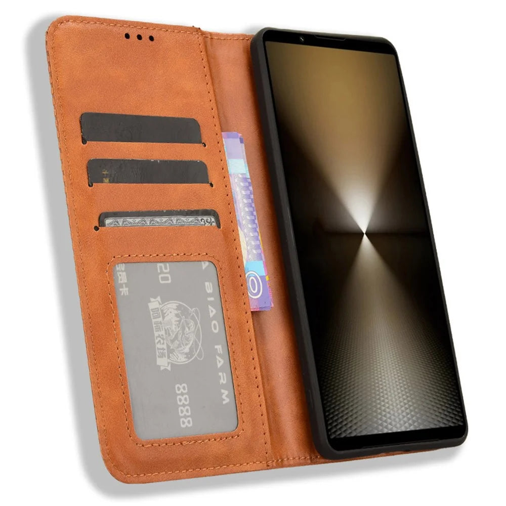 For Sony Xperia 1 VI Leather Case Magnetic Closing Phone Cover with Wallet - Brown - 2