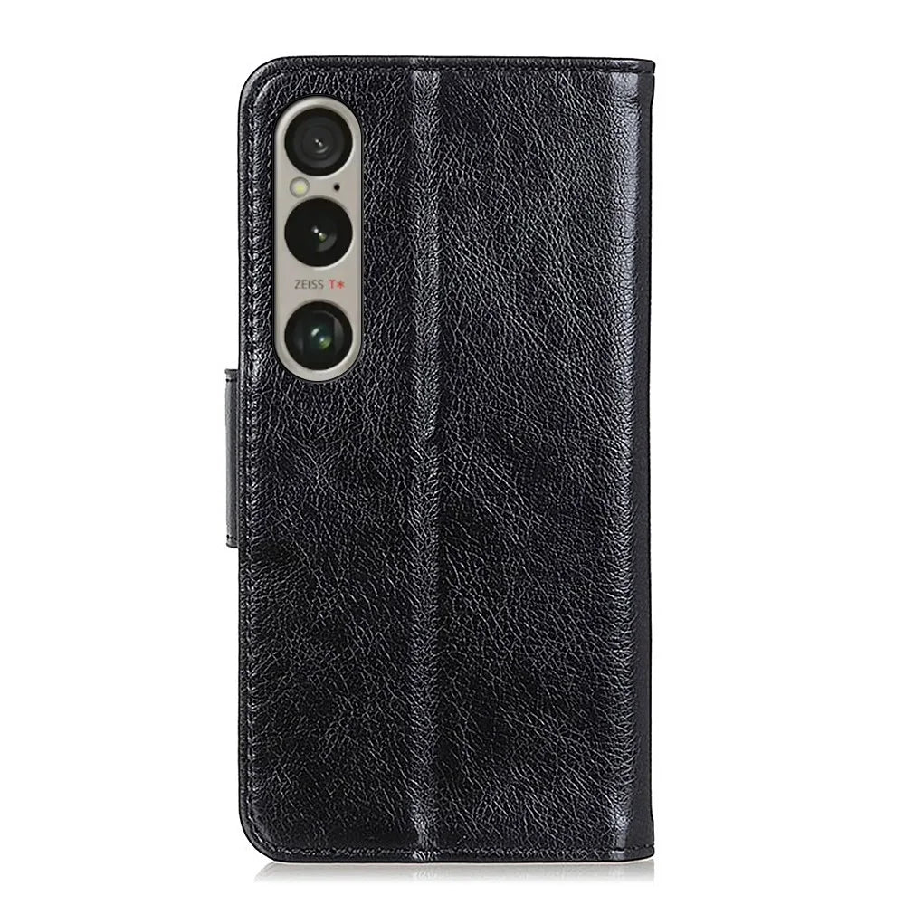 For Sony Xperia 1 VI Phone Case Split Leather Wallet Stand Nappa Texture Shockproof Cover - Black - 6