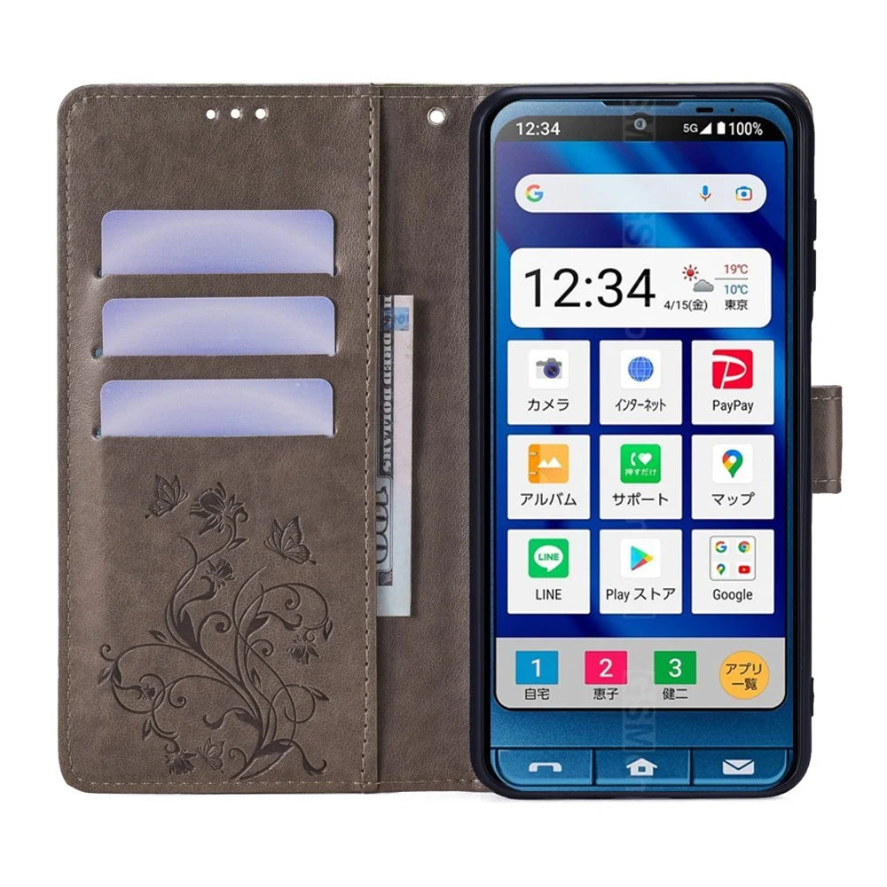 For Sharp Simple Sumaho 6 A201SH Case PU Leather Butterfly Flower Wallet Cover - Grey - 2