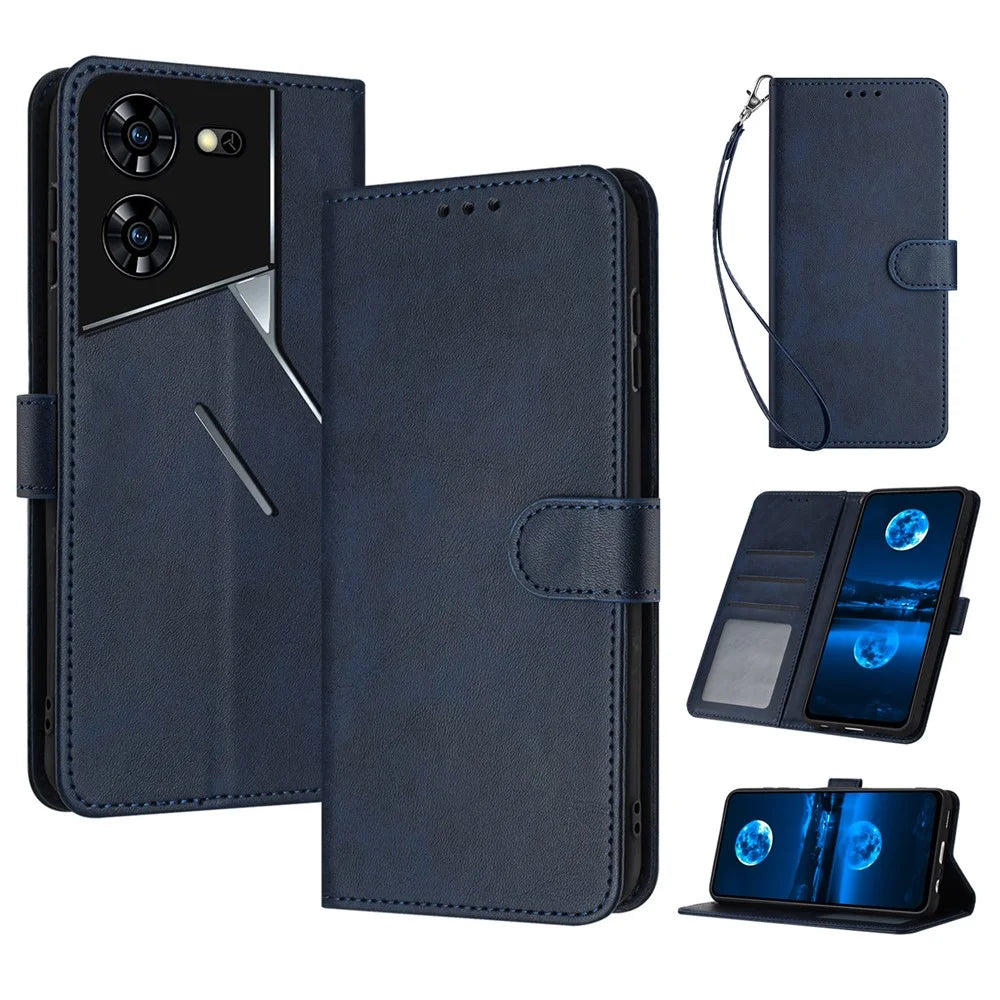 For TECNO Pova 5 Pro 4G Case Leather Stand Shockproof Cell Phone Cover with Wallet - Sapphire - 1