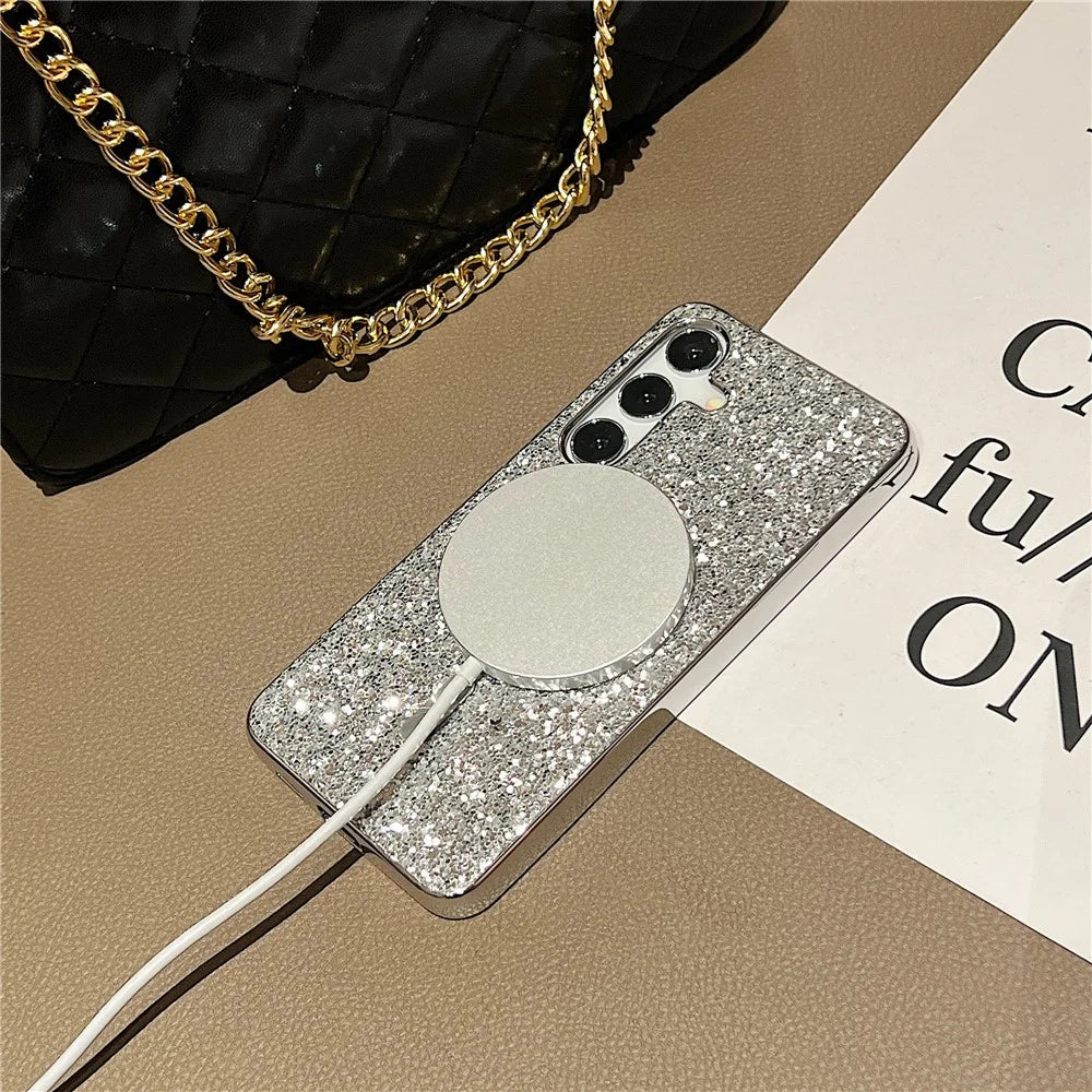 For Samsung Galaxy S24 Magnetic Case Electroplating TPU+PC Sparkle Phone Cover - Black - 3