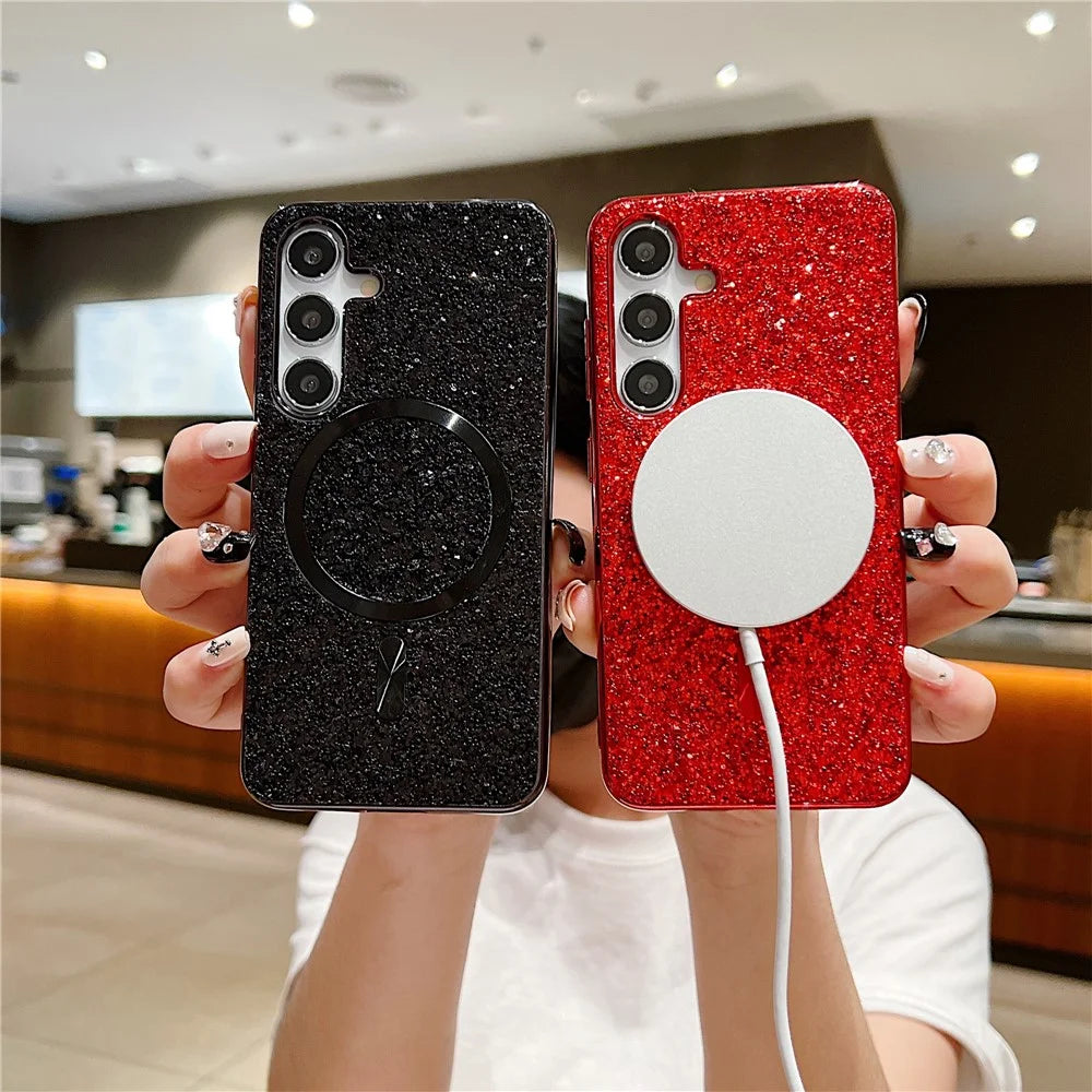 For Samsung Galaxy S24 Magnetic Case Electroplating TPU+PC Sparkle Phone Cover - Black - 4