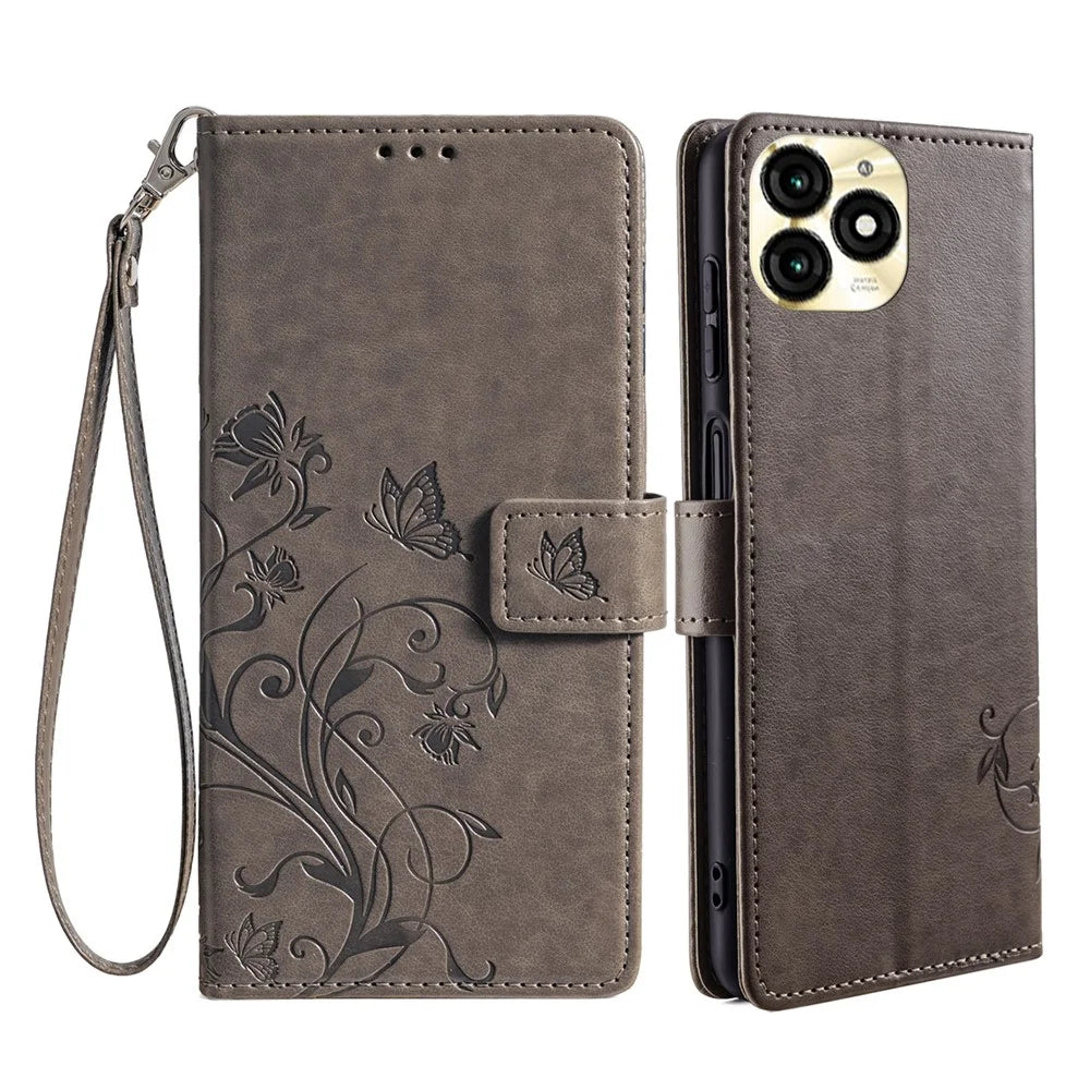 For itel A70 Phone Case Butterfly Flower Imprint PU Leather Wallet Cover - Grey - 1