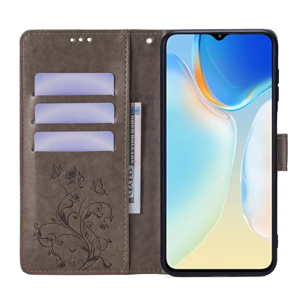 For itel A70 Phone Case Butterfly Flower Imprint PU Leather Wallet Cover - Grey - 2