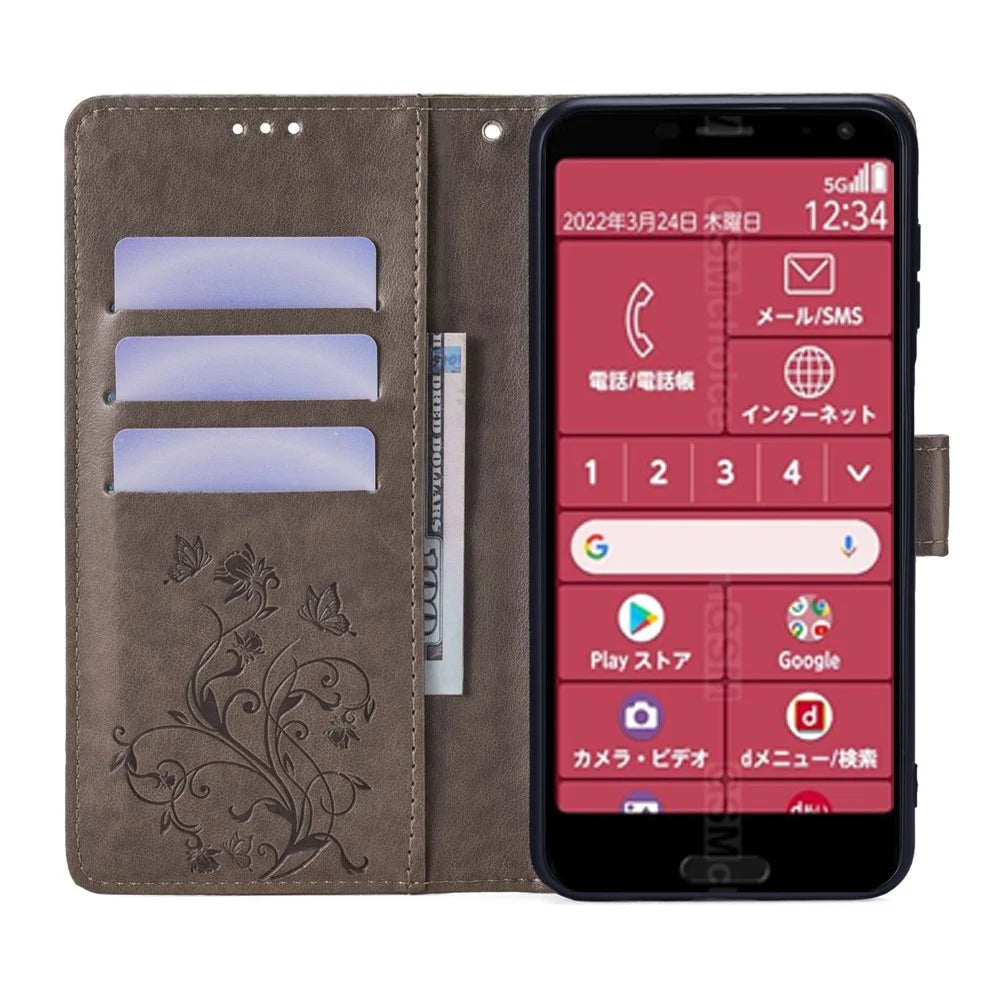 For Fujitsu Arrows F-52B Case Butterfly Flower Design Leather Phone Cover with 3 Card Holder - Grey - 2