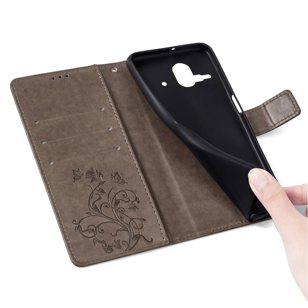 For Fujitsu Arrows F-52B Case Butterfly Flower Design Leather Phone Cover with 3 Card Holder - Grey - 6