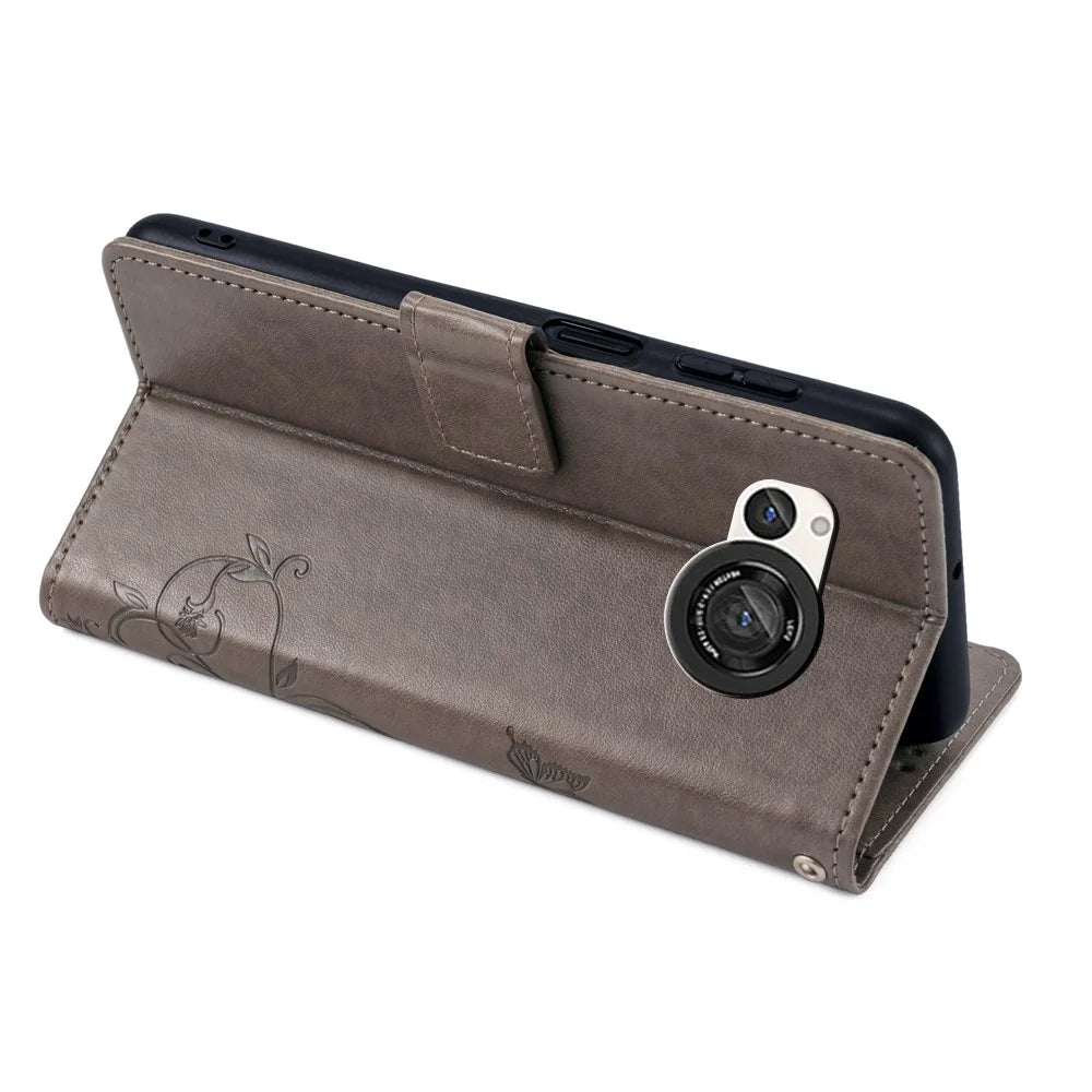 For Sharp Aquos R8 SH-52D Case Butterfly Flower Imprint PU Leather Wallet Phone Cover - Grey - 3