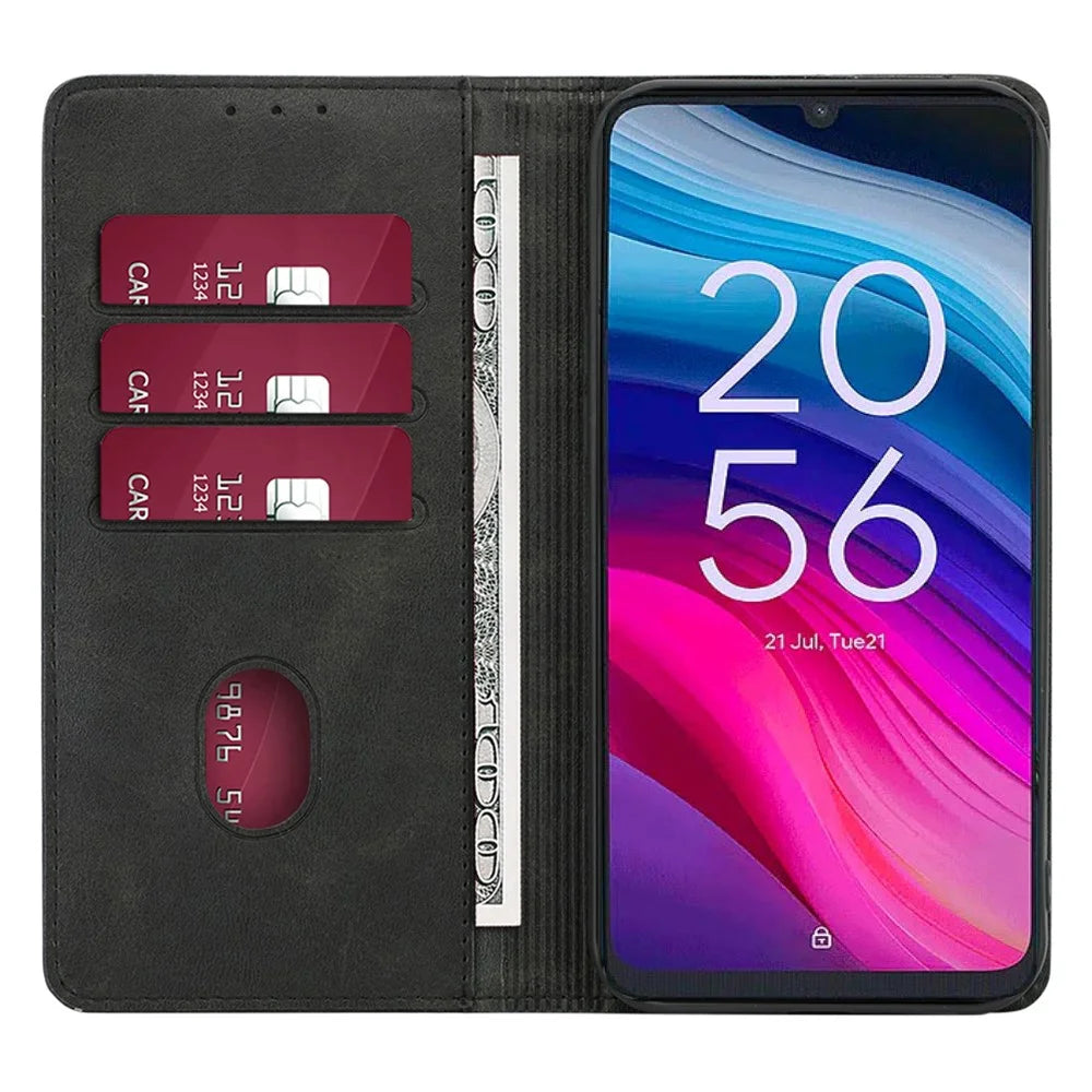 For TCL 50 SE Shockproof Phone Case Calf Texture Leather Folio Flip Cover with Card Holder - Black - 2