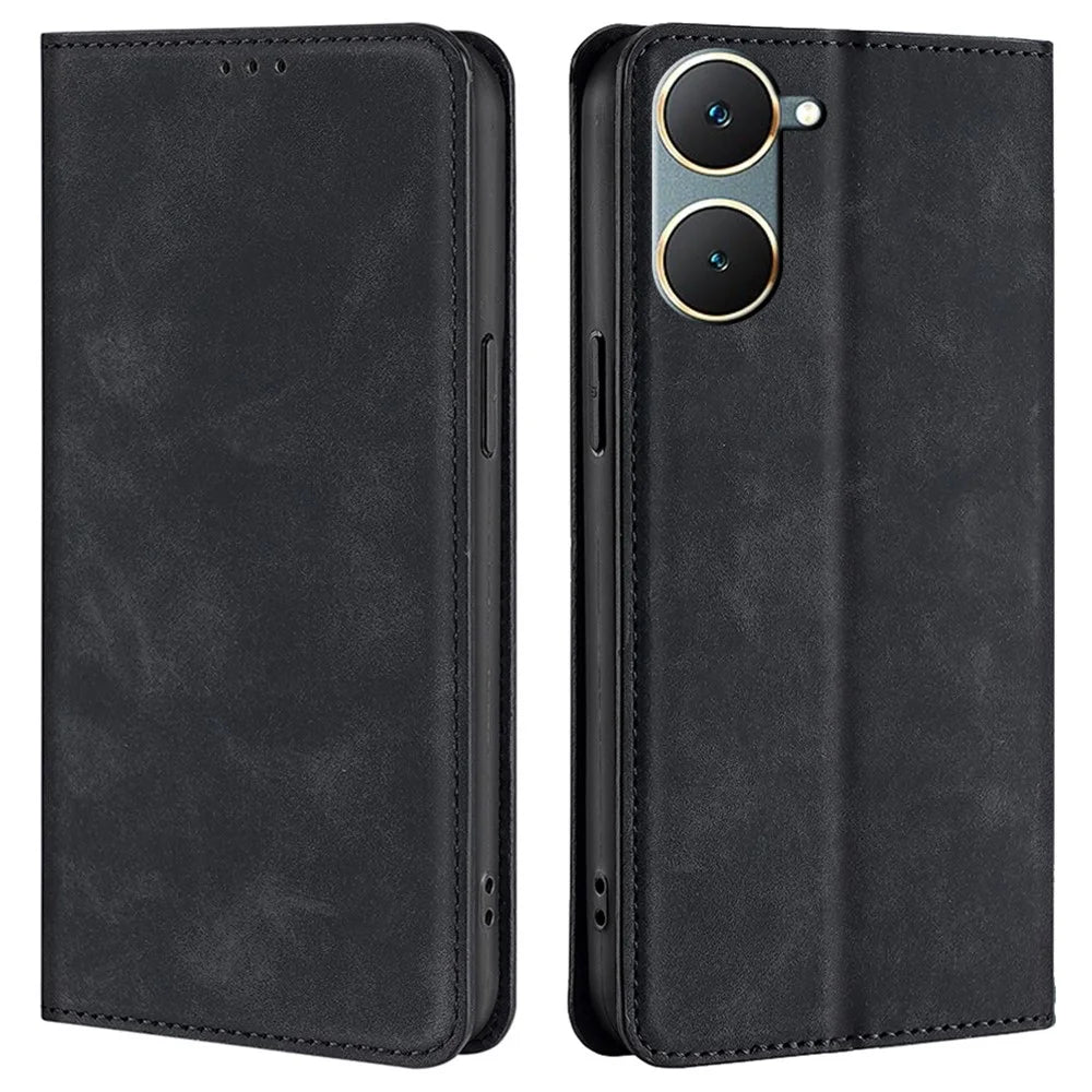 For vivo Y03 Case PU Leather Magnetic Auto-Absorbed Cover with Card Holder - Black - 1