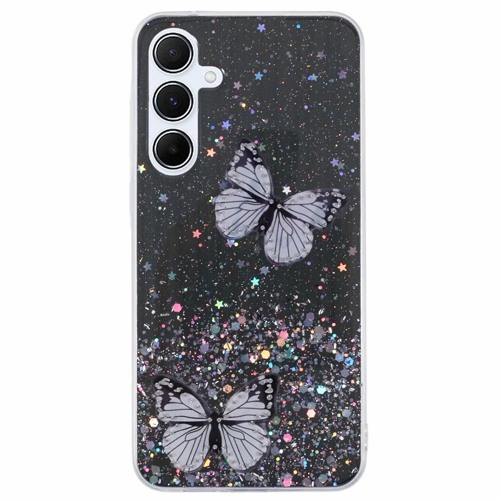 AW Series For Samsung Galaxy A15 4G / A15 5G Case Butterfly Pattern TPU+PVC Anti-Drop Phone Cover - Black - 1
