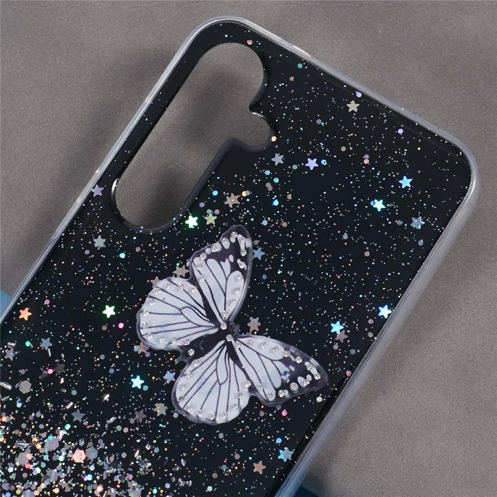 AW Series For Samsung Galaxy A15 4G / A15 5G Case Butterfly Pattern TPU+PVC Anti-Drop Phone Cover - Black - 6