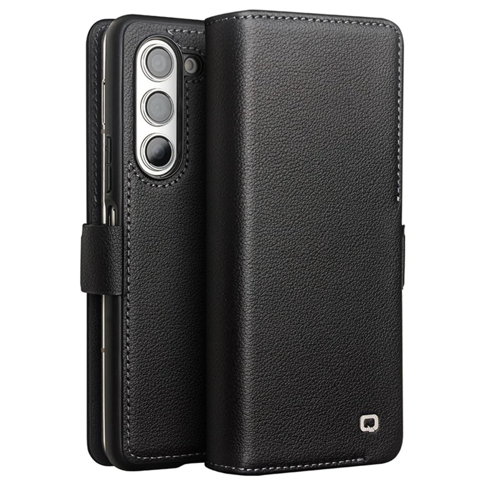 QIALINO For Samsung Galaxy Z Fold5 5G Case Genuine Cow Leather Wallet Phone Shell Magnetic Phone Cover - Black - 1
