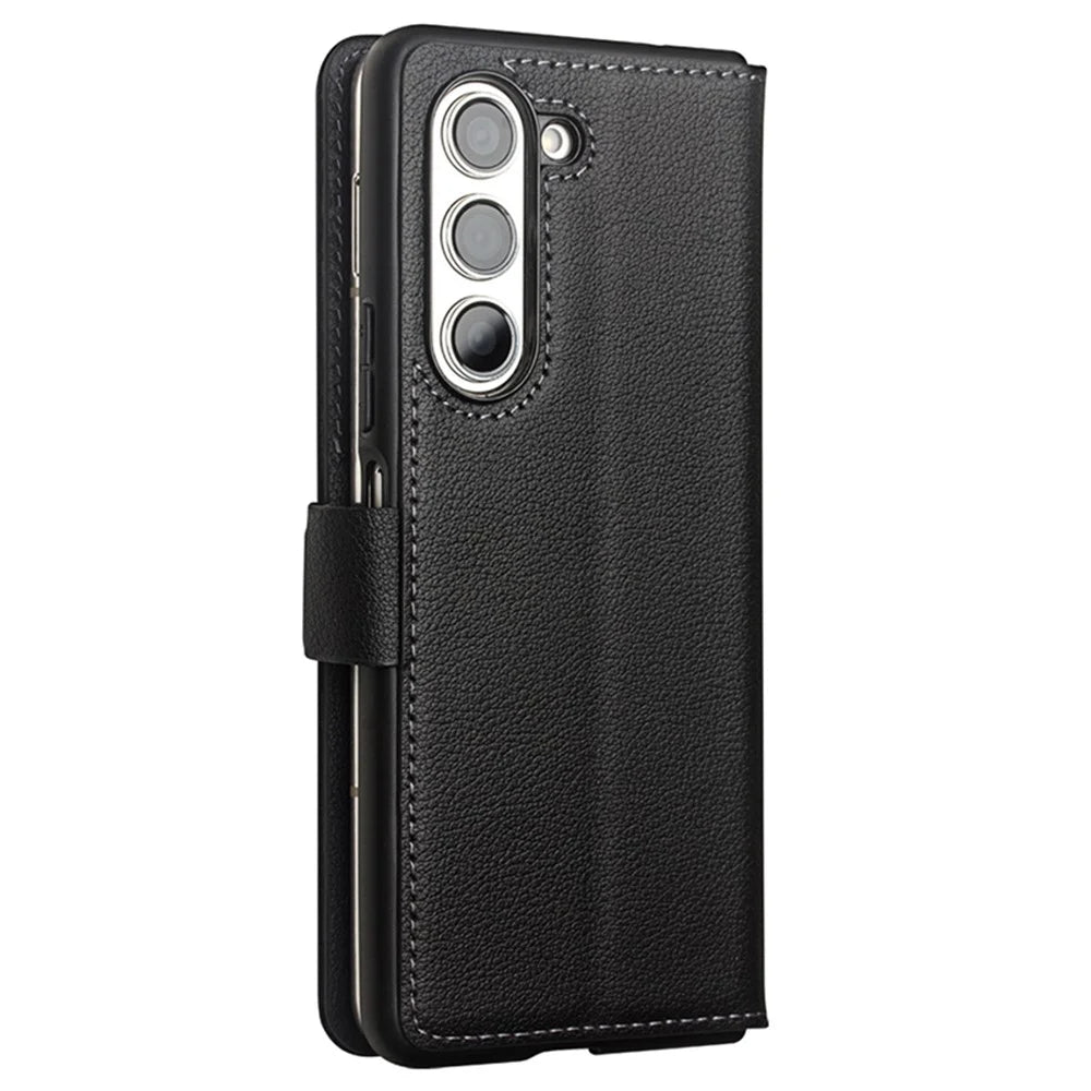 QIALINO For Samsung Galaxy Z Fold5 5G Case Genuine Cow Leather Wallet Phone Shell Magnetic Phone Cover - Black - 4