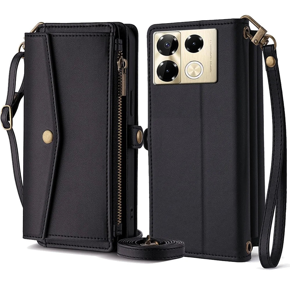 For Infinix Note 40 Pro 4G Case Zipper Pocket Flip Leather Phone Cover with 2 Straps - Black - 1