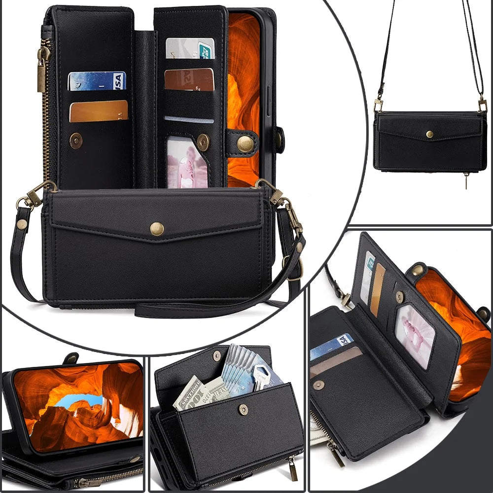 For Infinix Note 40 Pro 4G Case Zipper Pocket Flip Leather Phone Cover with 2 Straps - Black - 3